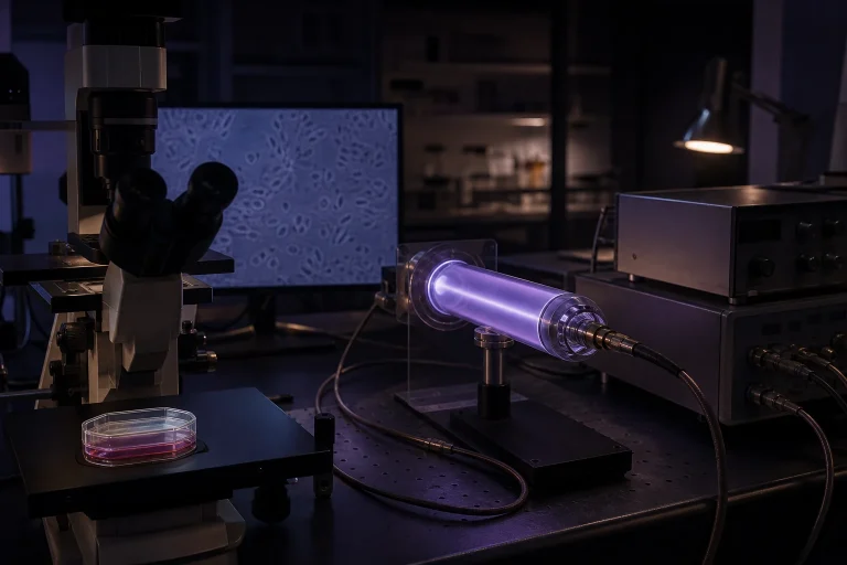 Conceptual RF plasma research setup with a microscope, cell culture, signal equipment, and glowing enclosed-gas plasma tube